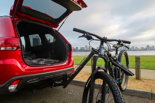 Lockable Tow Bar Bike Rack Four Bicycle Carrier Tilted Back With Bike And Boot Door Open